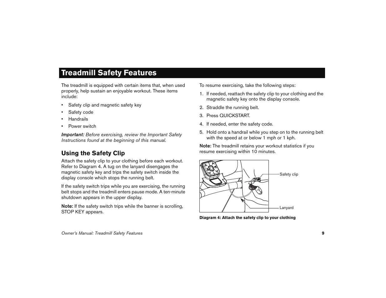 Treadmill safety features, Using the safety clip | Precor 9.35 User Manual | Page 11 / 96