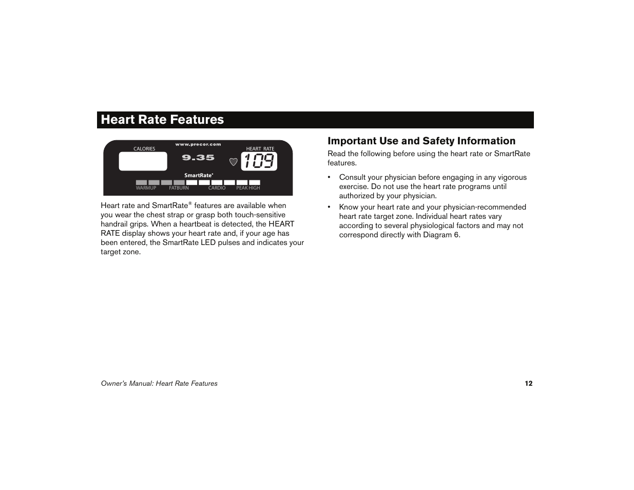 Heart rate features, Important use and safety information | Precor 9.35 User Manual | Page 14 / 96