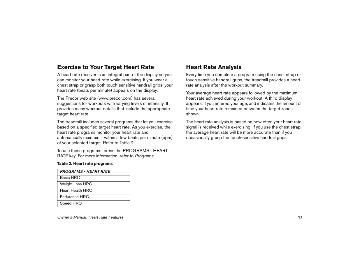 Exercise to your target heart rate, Heart rate analysis | Precor 9.35 User Manual | Page 19 / 96