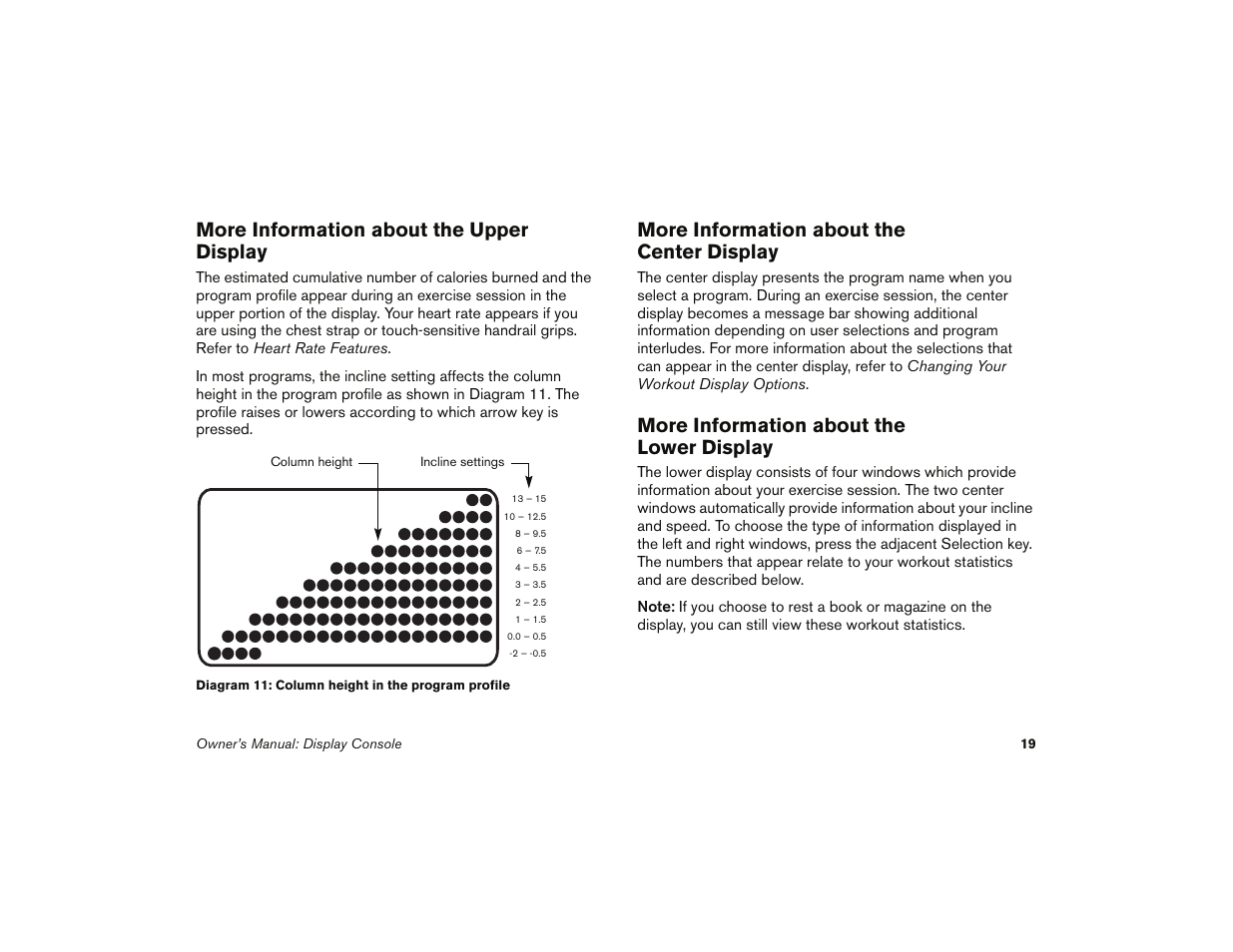 More information about the upper display, More information about the center display, More information about the lower display | Precor 9.35 User Manual | Page 21 / 96