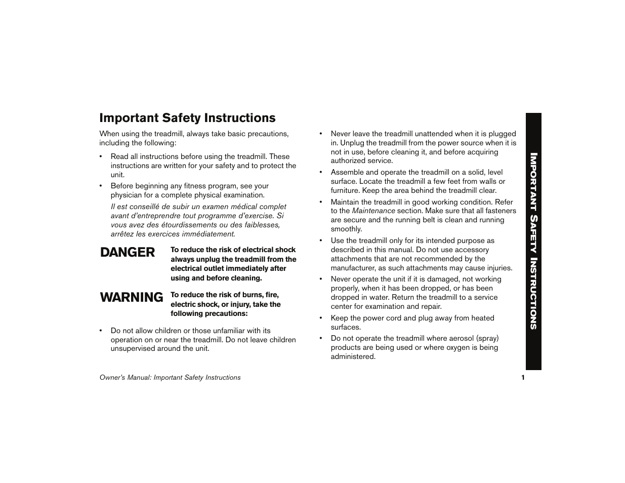 Important safety instructions, Danger warning | Precor 9.35 User Manual | Page 3 / 96