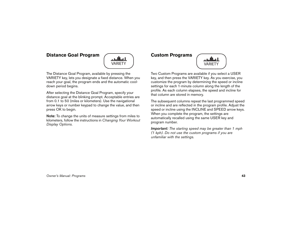 Distance goal program, Custom programs, Distance goal program custom programs | Precor 9.35 User Manual | Page 45 / 96