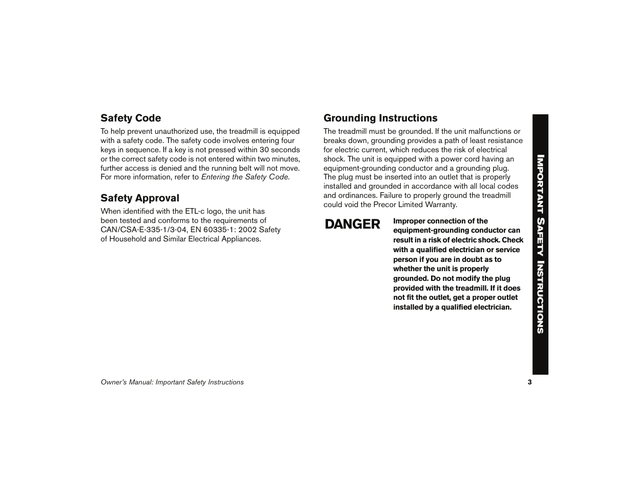 Safety code, Safety approval, Grounding instructions | Danger | Precor 9.35 User Manual | Page 5 / 96