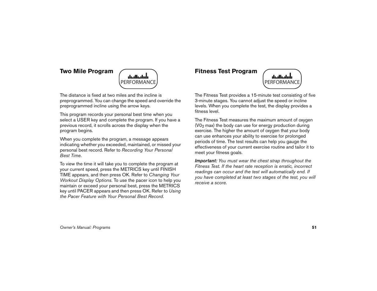 Two mile program, Fitness test program, Two mile program fitness test program | Precor 9.35 User Manual | Page 53 / 96