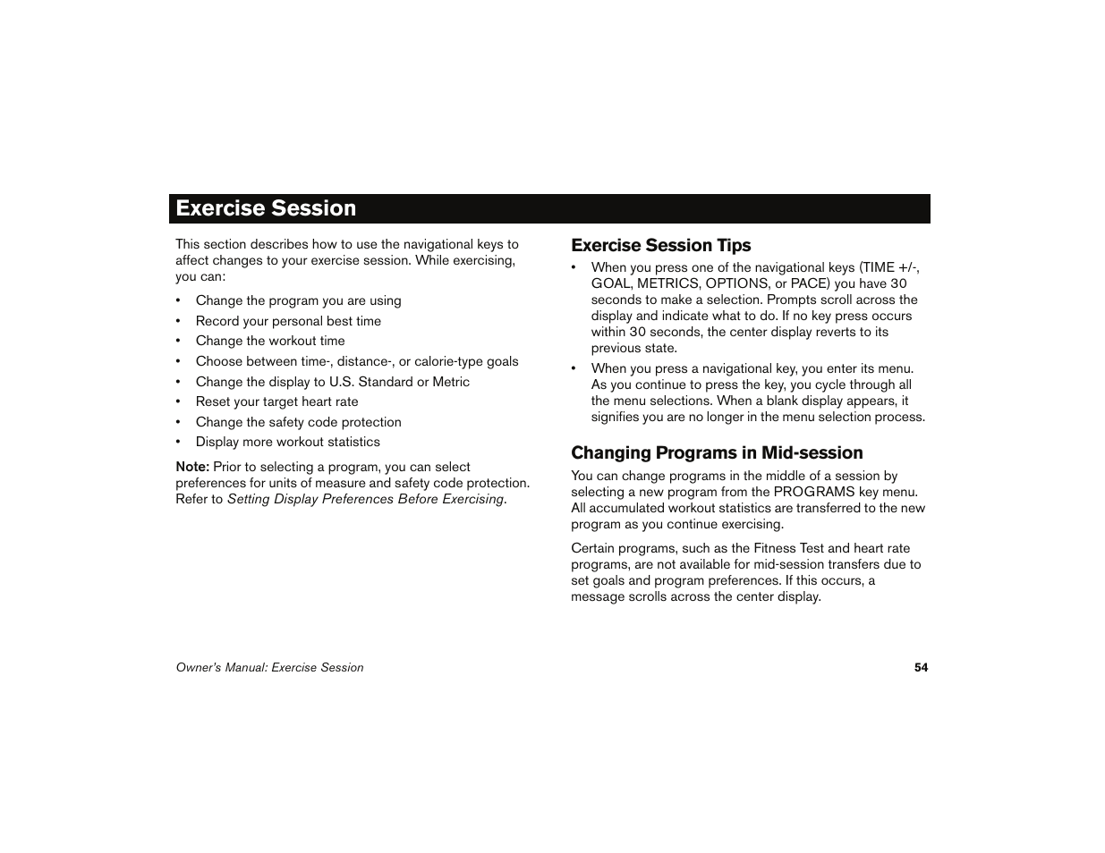 Exercise session, Exercise session tips, Changing programs in mid-session | Precor 9.35 User Manual | Page 56 / 96