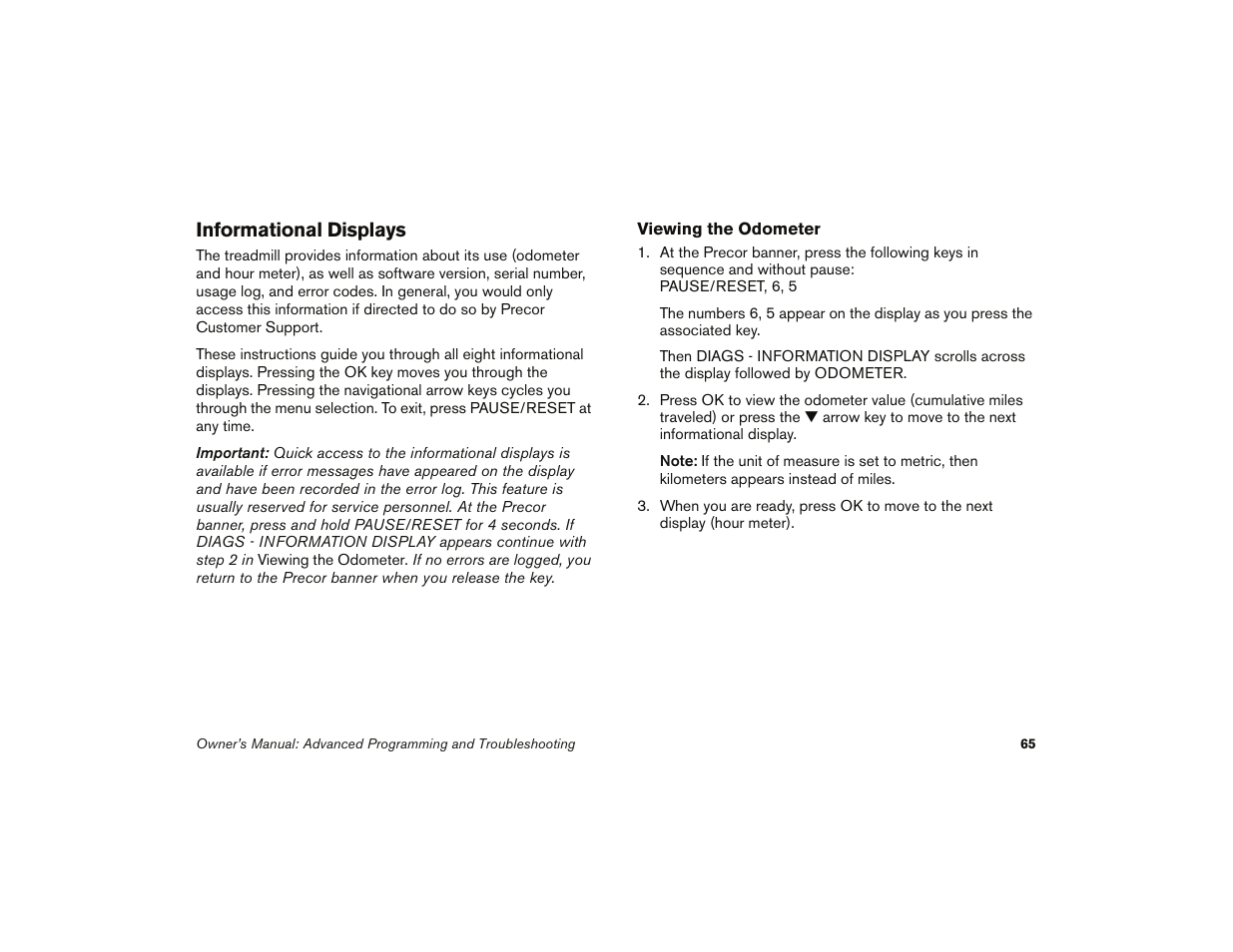 Informational displays | Precor 9.35 User Manual | Page 67 / 96