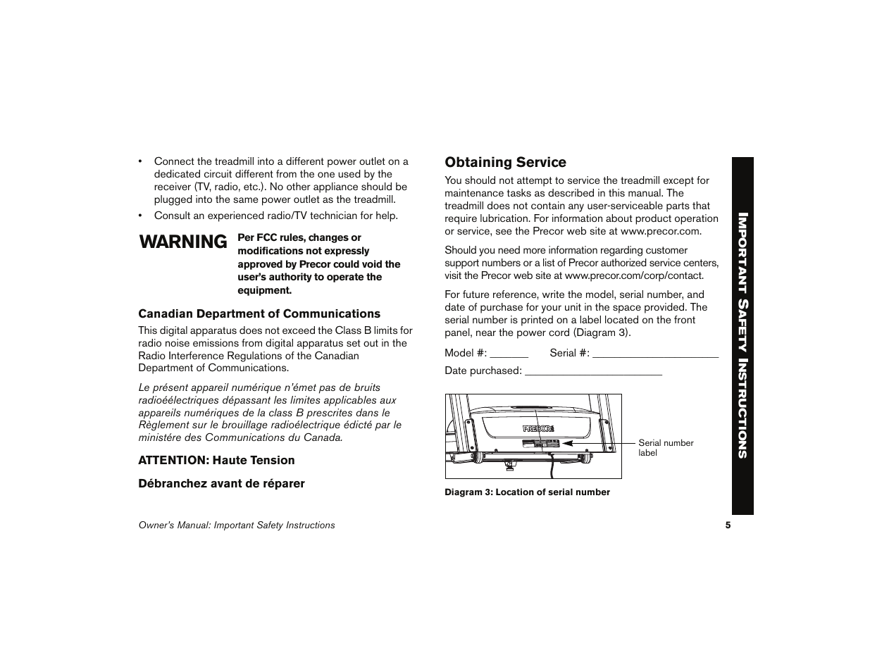 Obtaining service, Warning | Precor 9.35 User Manual | Page 7 / 96