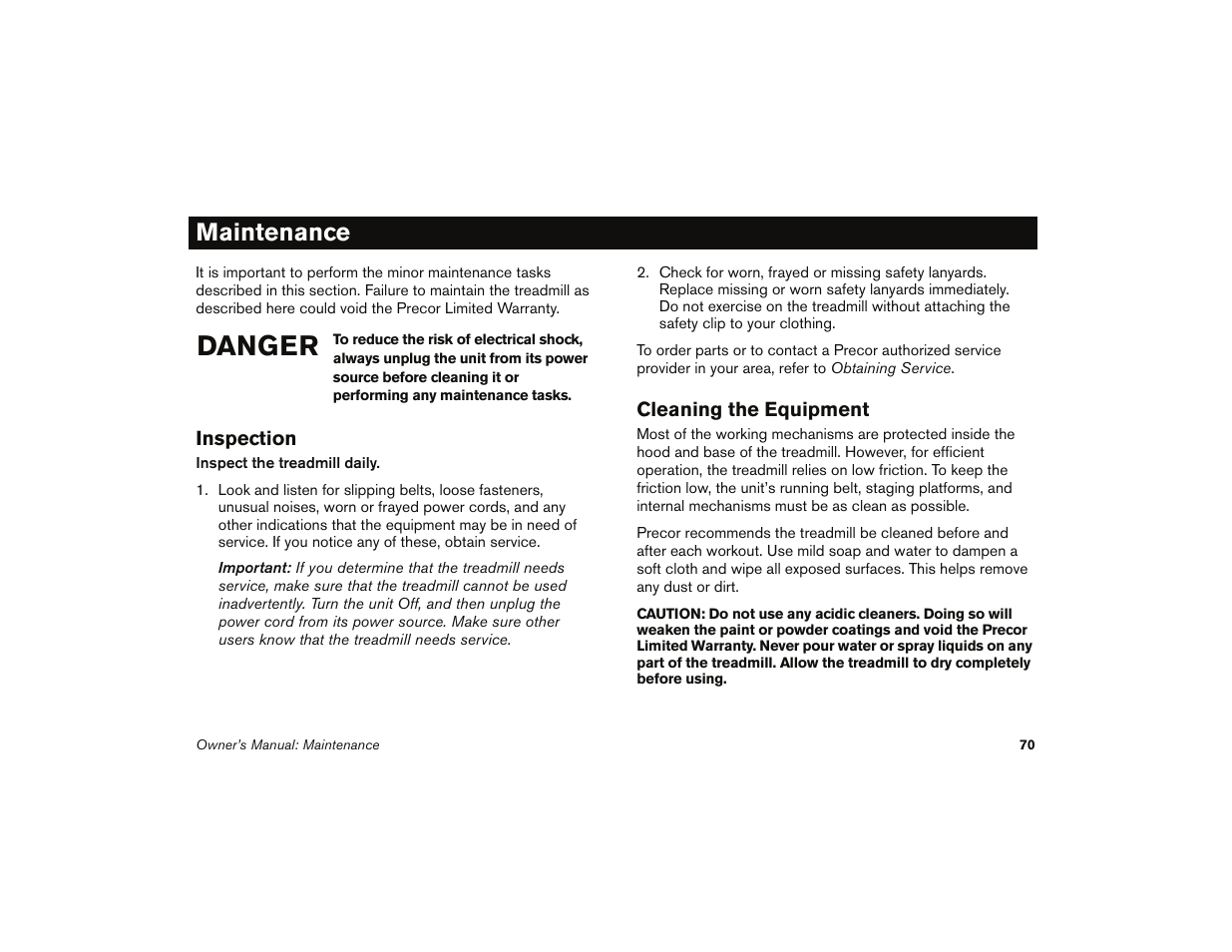 Maintenance, Inspection, Cleaning the equipment | Inspection cleaning the equipment, Danger | Precor 9.35 User Manual | Page 72 / 96