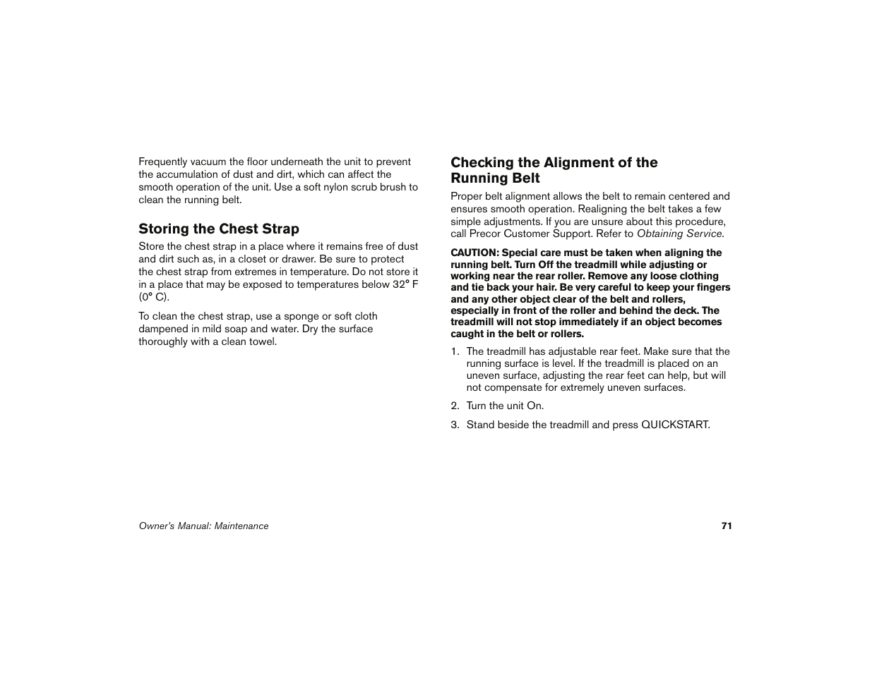 Storing the chest strap, Checking the alignment of the running belt | Precor 9.35 User Manual | Page 73 / 96