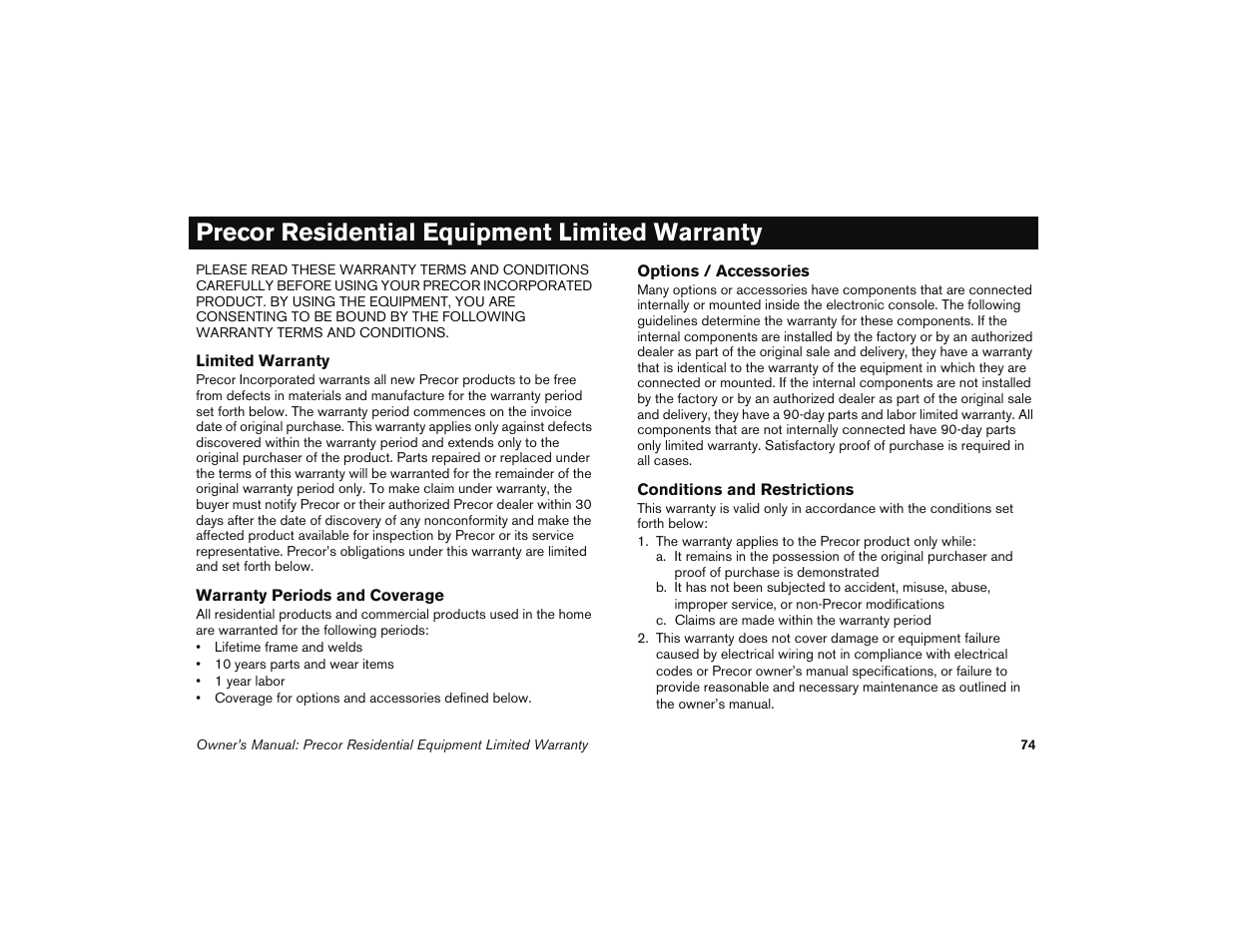 Precor residential equipment limited warranty | Precor 9.35 User Manual | Page 76 / 96