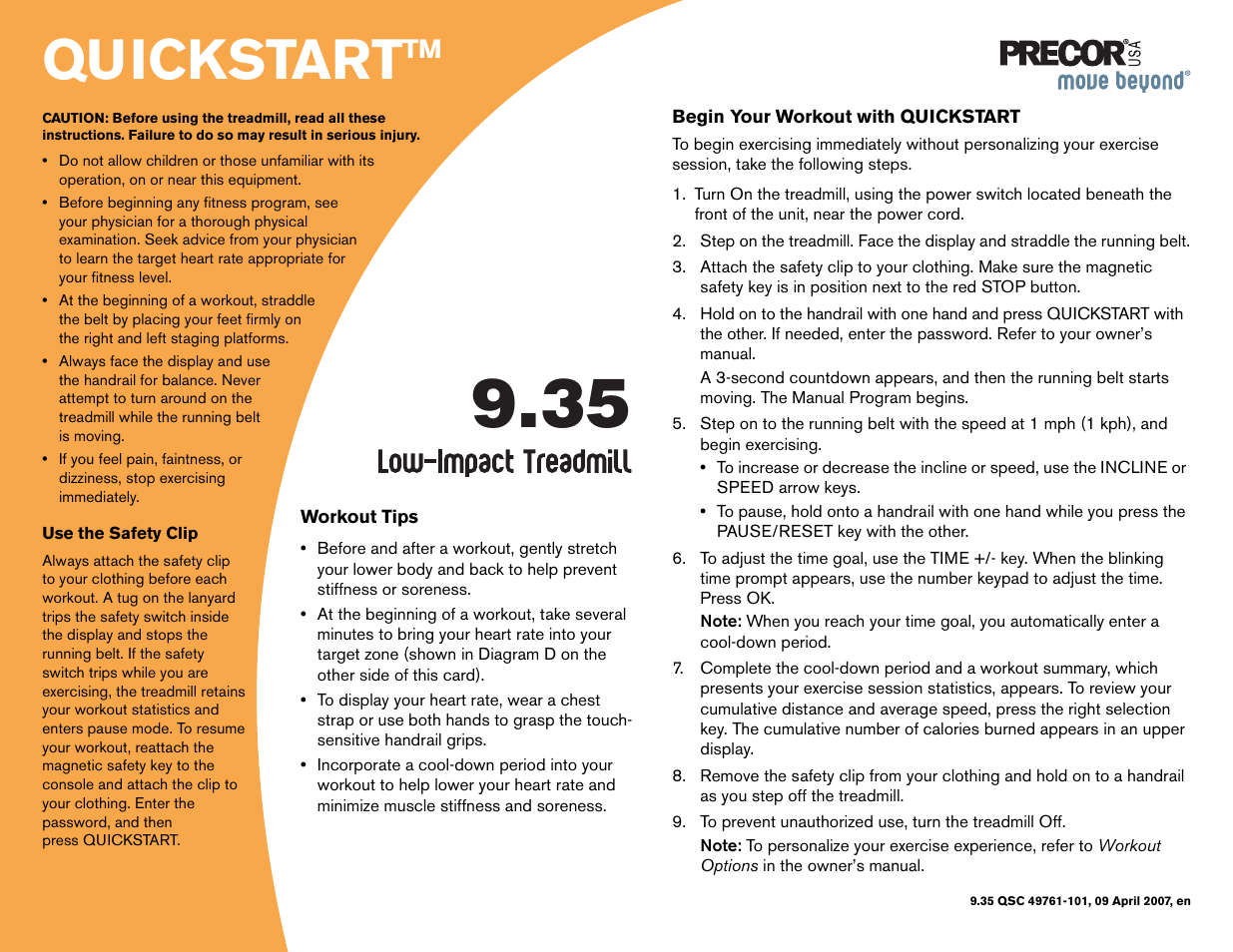 49761-101 9.35 quickstart card, Quickstart | Precor 9.35 User Manual | Page 83 / 96