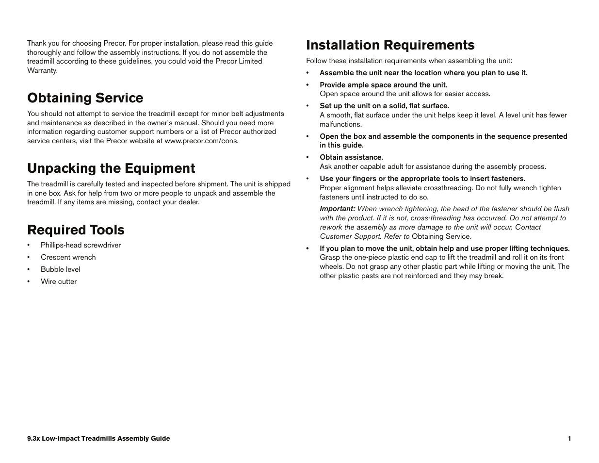 Obtaining service, Unpacking the equipment, Required tools | Installation requirements | Precor 9.35 User Manual | Page 87 / 96