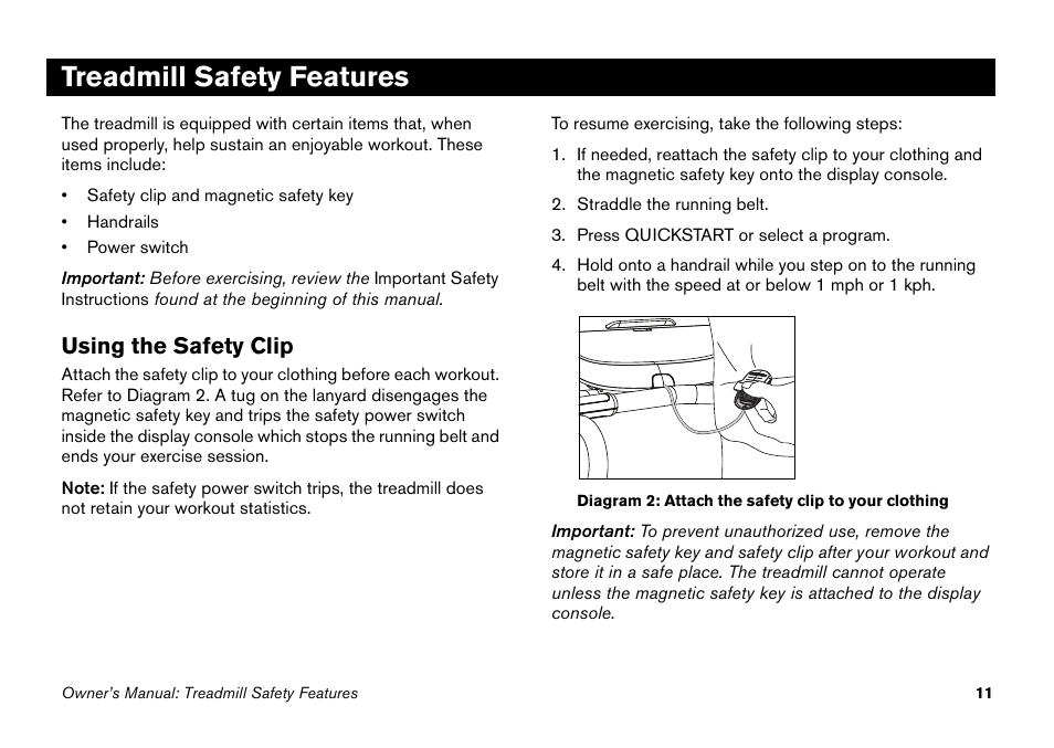 Treadmill safety features, Using the safety clip | Precor 9.27 User Manual | Page 13 / 59
