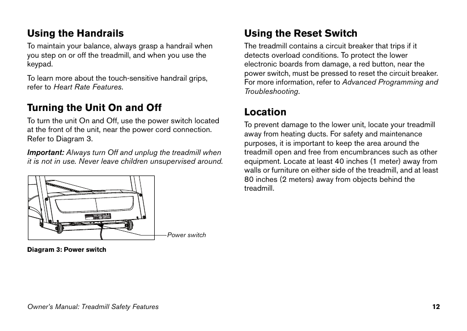 Using the handrails, Turning the unit on and off, Using the reset switch | Location | Precor 9.27 User Manual | Page 14 / 59