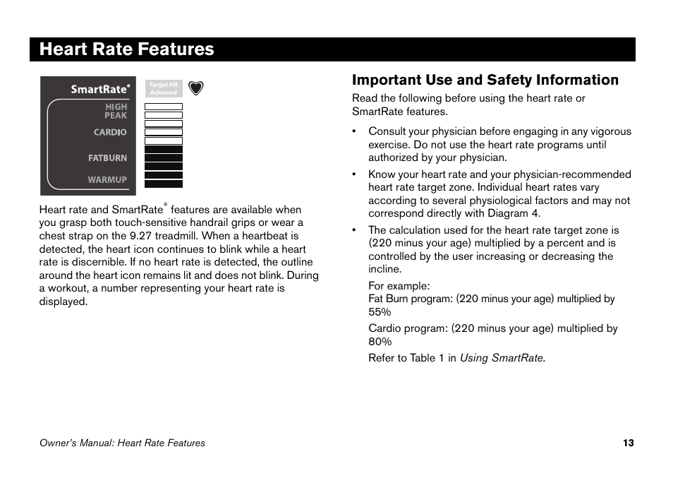 Heart rate features, Important use and safety information | Precor 9.27 User Manual | Page 15 / 59