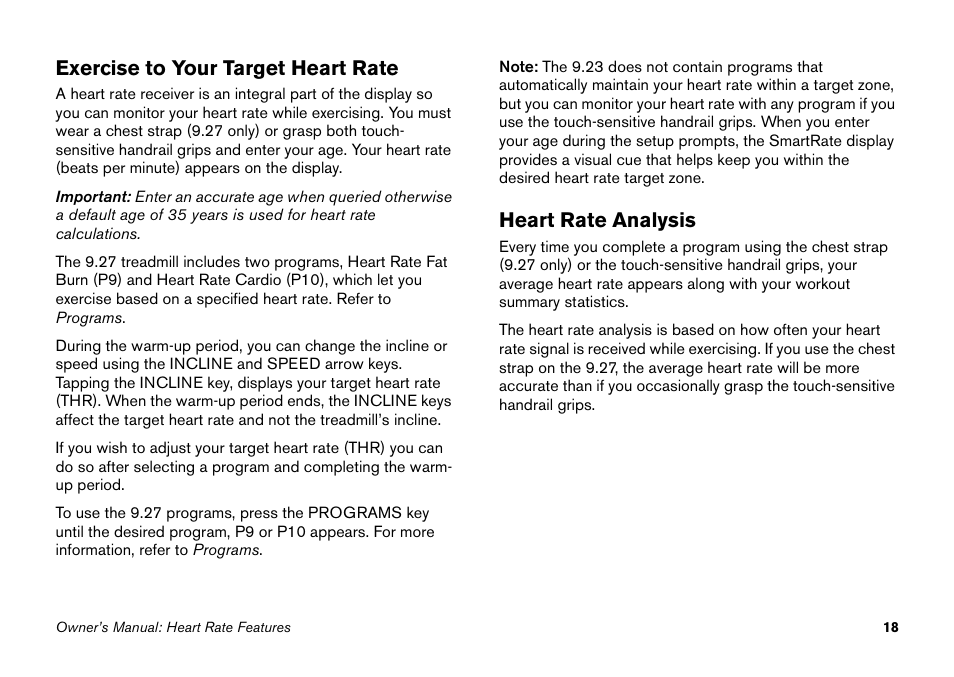 Exercise to your target heart rate, Heart rate analysis | Precor 9.27 User Manual | Page 20 / 59