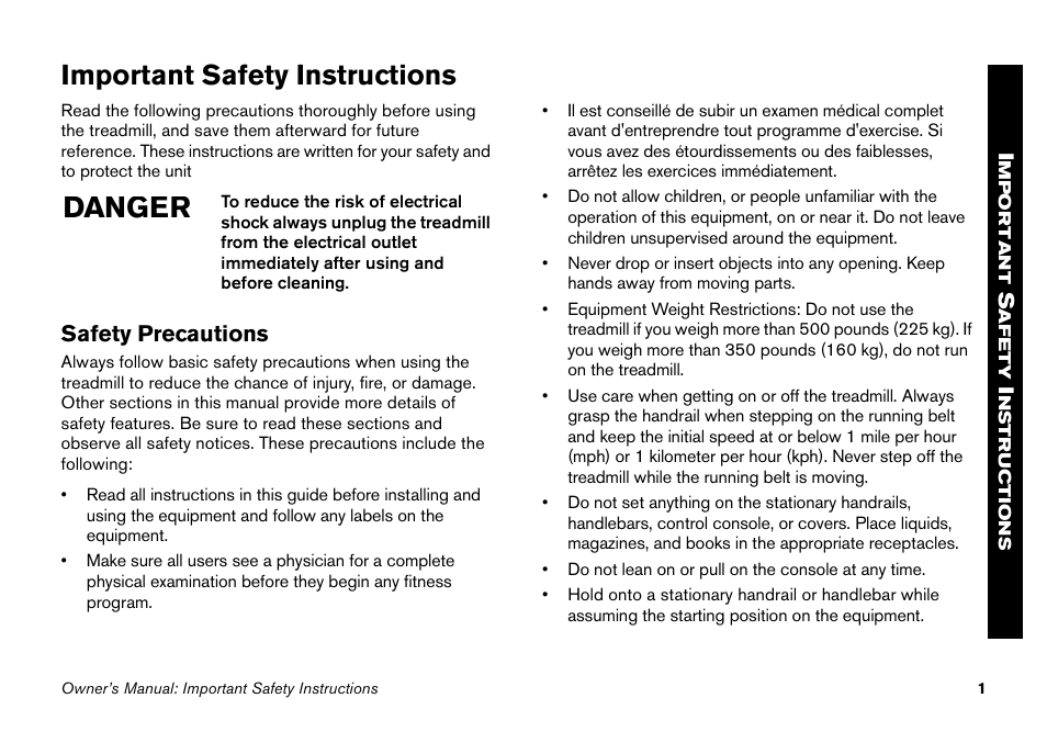 Danger, Important safety instructions | Precor 9.27 User Manual | Page 3 / 59