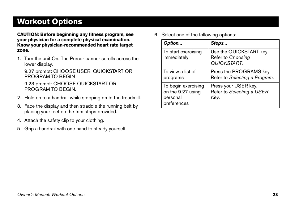 Workout options | Precor 9.27 User Manual | Page 30 / 59