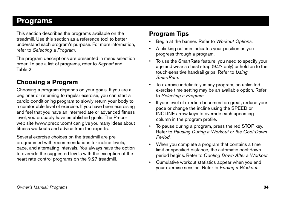 Programs, Choosing a program, Program tips | Precor 9.27 User Manual | Page 36 / 59