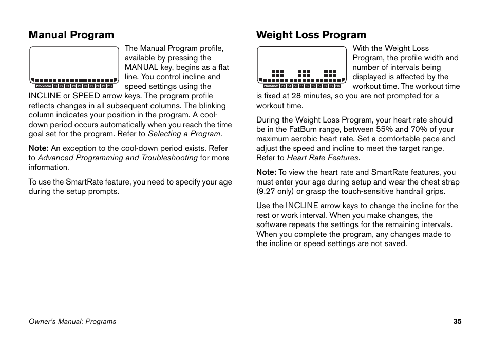 Manual program, Weight loss program | Precor 9.27 User Manual | Page 37 / 59