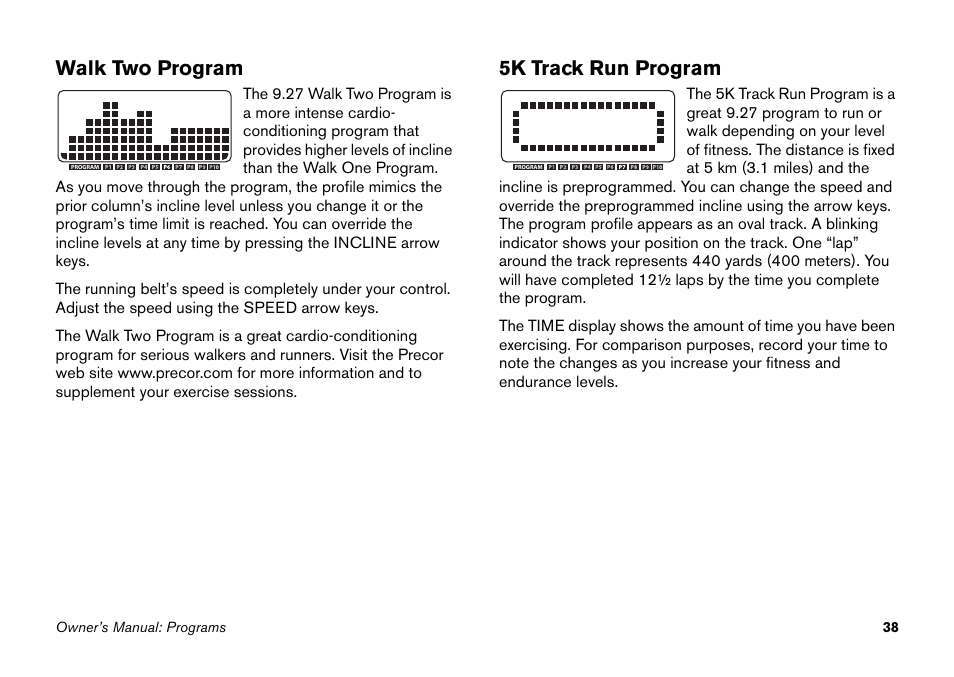 Walk two program, 5k track run program | Precor 9.27 User Manual | Page 40 / 59