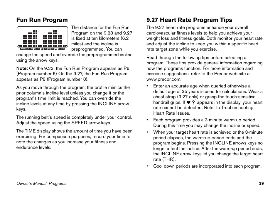 Fun run program, 27 heart rate program tips | Precor 9.27 User Manual | Page 41 / 59