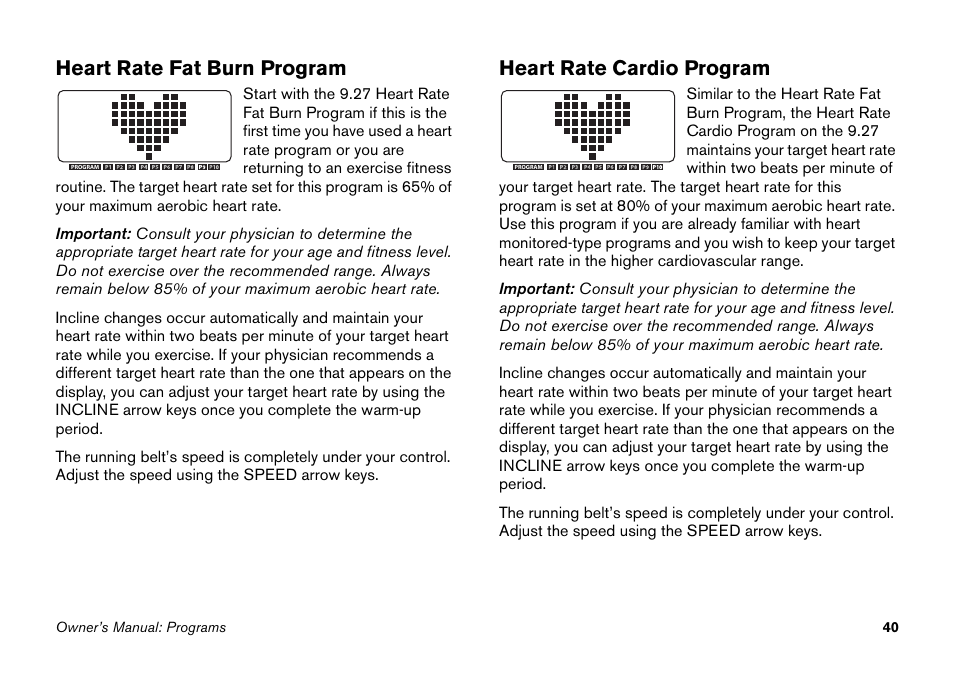 Heart rate fat burn program, Heart rate cardio program | Precor 9.27 User Manual | Page 42 / 59