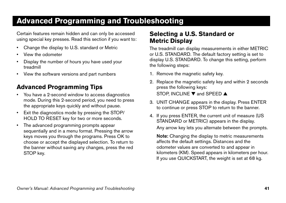 Advanced programming and troubleshooting, Advanced programming tips, Selecting a u.s. standard or metric display | Precor 9.27 User Manual | Page 43 / 59