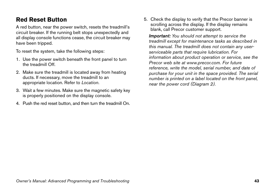 Red reset button | Precor 9.27 User Manual | Page 45 / 59