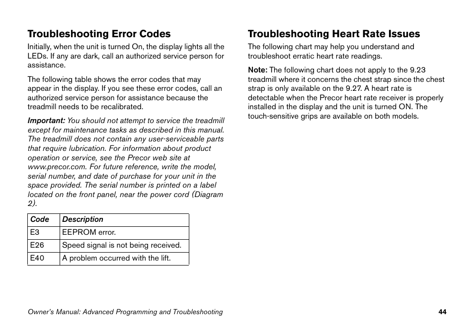 Troubleshooting error codes, Troubleshooting heart rate issues | Precor 9.27 User Manual | Page 46 / 59