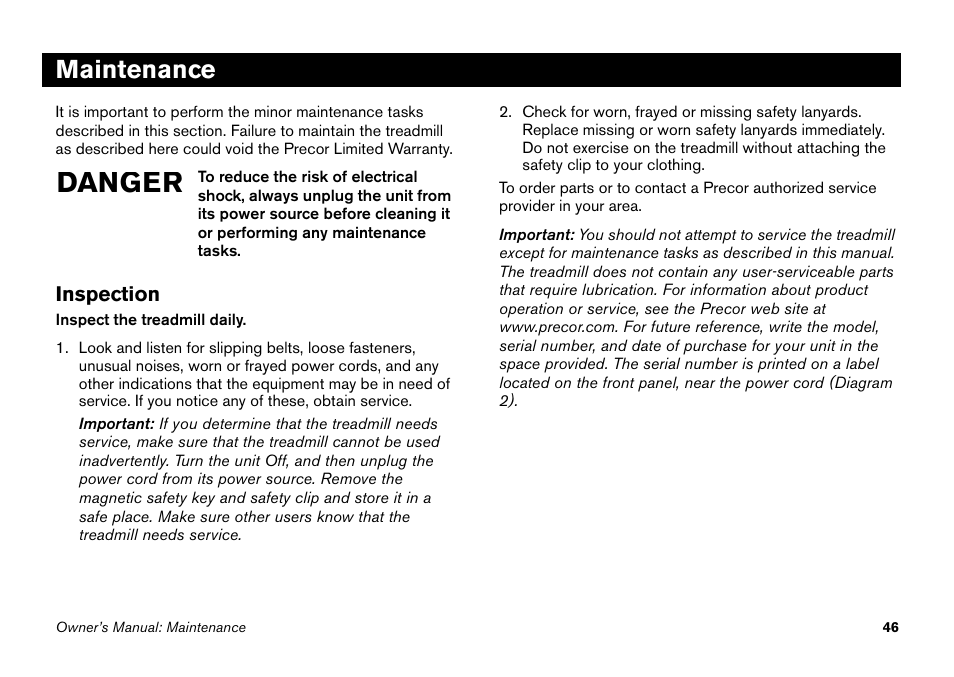 Danger, Maintenance | Precor 9.27 User Manual | Page 48 / 59