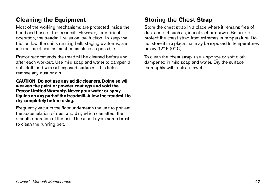Cleaning the equipment, Storing the chest strap | Precor 9.27 User Manual | Page 49 / 59