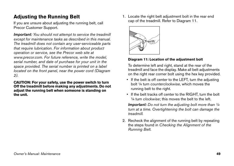 Adjusting the running belt | Precor 9.27 User Manual | Page 51 / 59