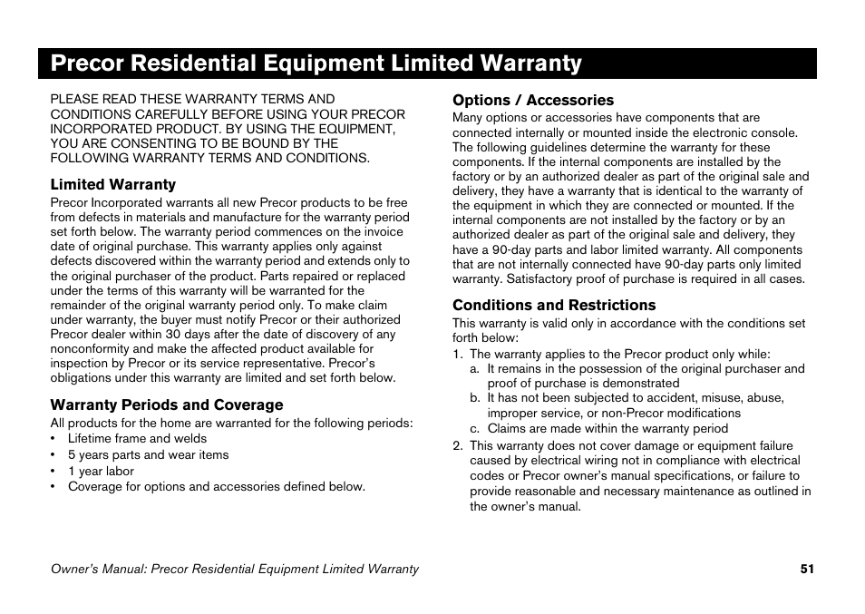 Precor residential equipment limited warranty | Precor 9.27 User Manual | Page 53 / 59