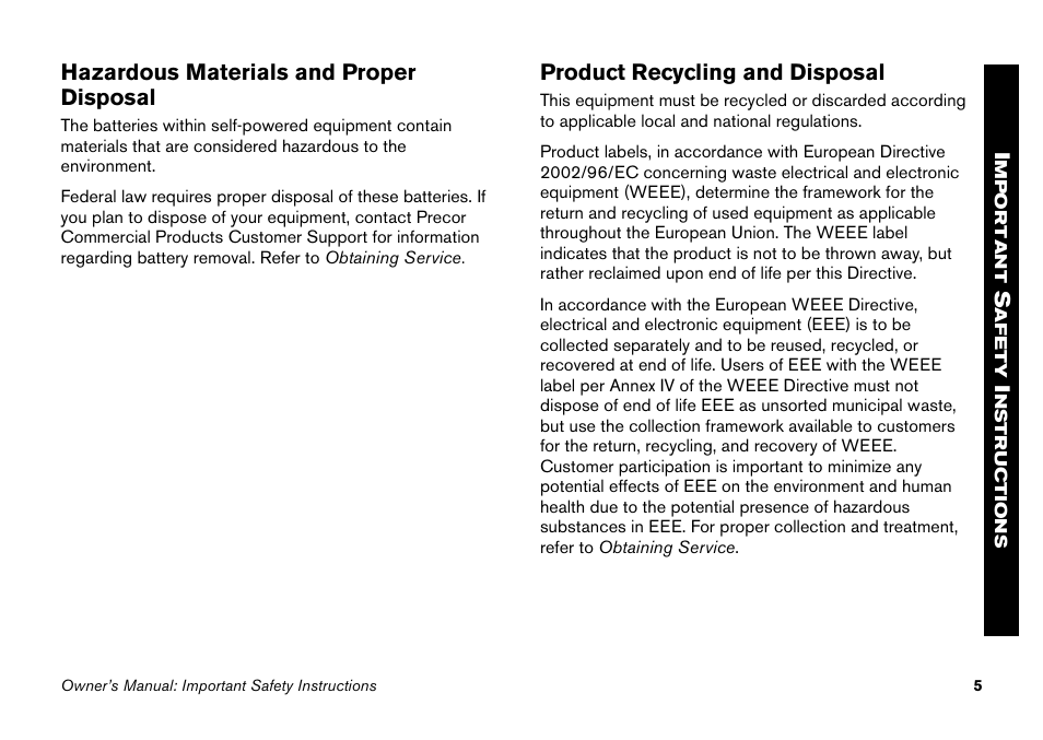Hazardous materials and proper disposal, Product recycling and disposal | Precor 9.27 User Manual | Page 7 / 59