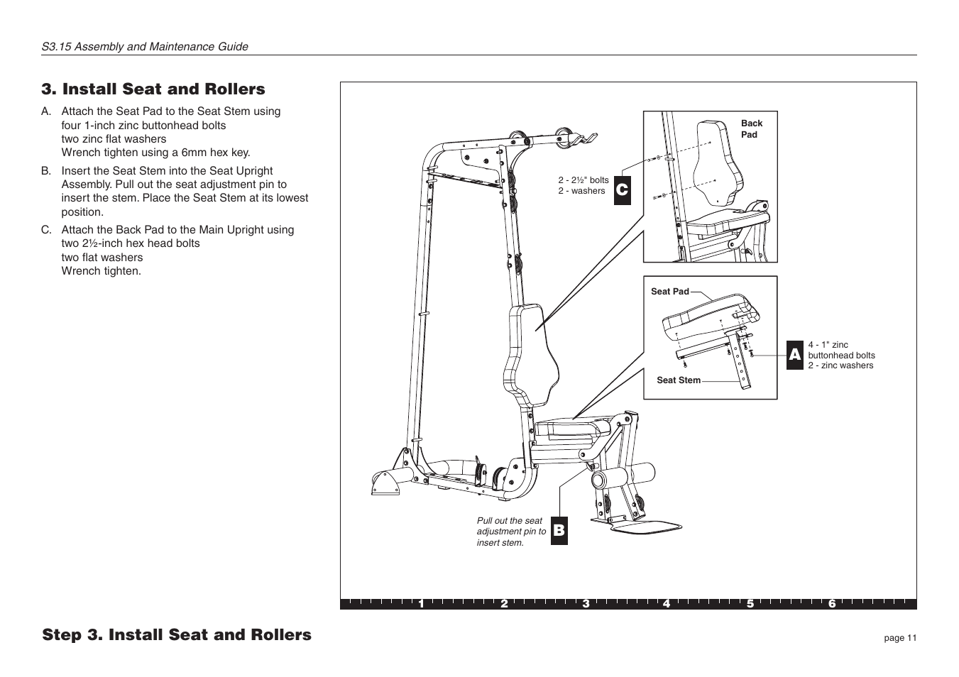 Install seat and rollers, Step 3. install seat and rollers a | Precor S3.15 User Manual | Page 11 / 36