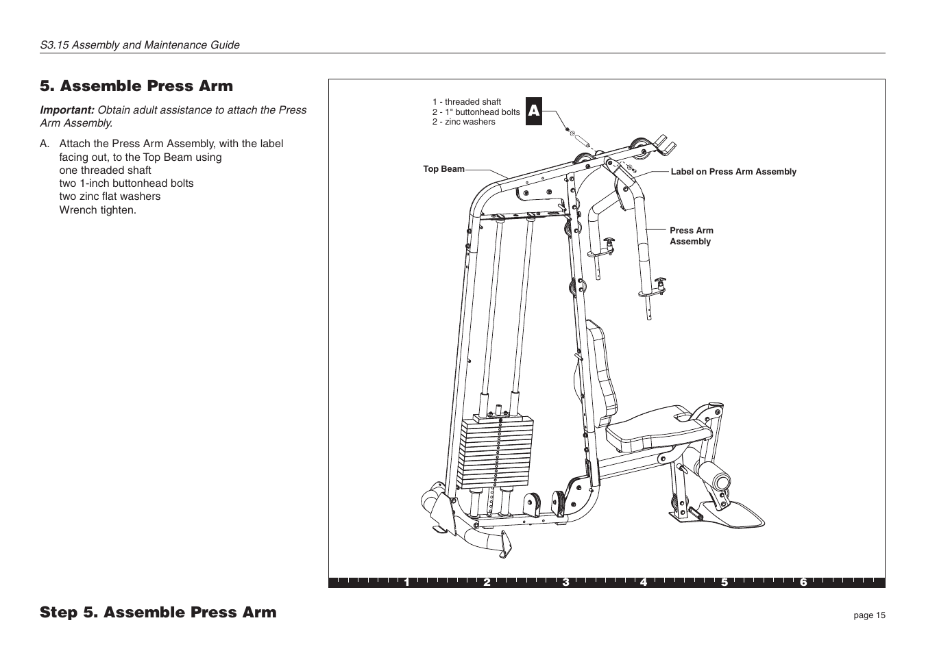 Assemble press arm, Step 5. assemble press arm a | Precor S3.15 User Manual | Page 15 / 36