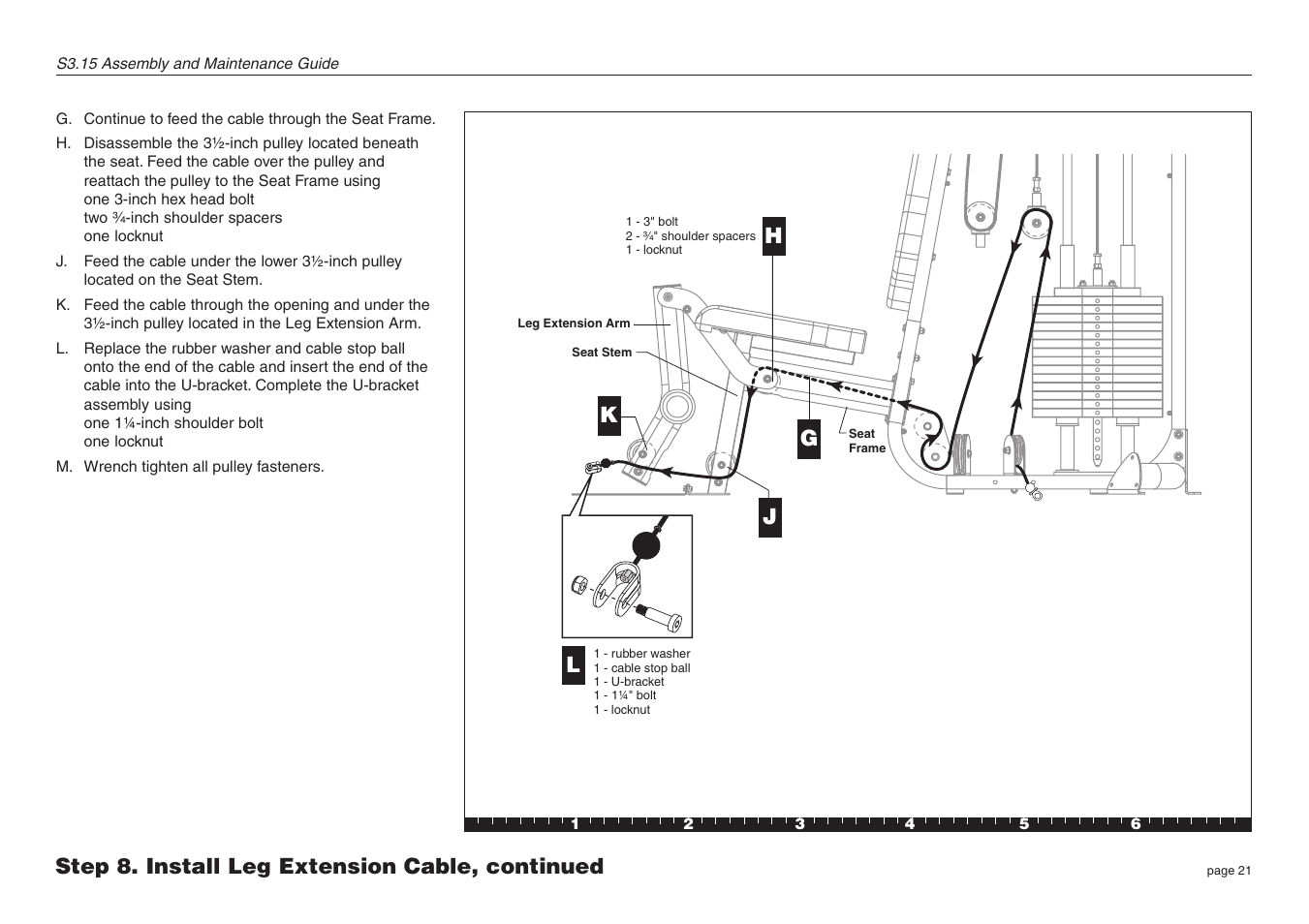 Step 8. install leg extension cable, continued j h, Lk g | Precor S3.15 User Manual | Page 21 / 36