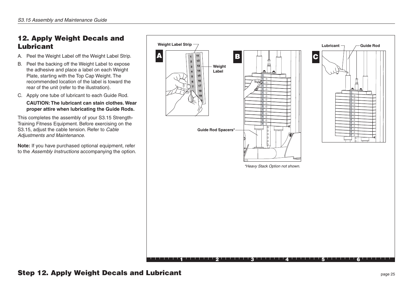 Apply weight decals and lubricant, Step 12. apply weight decals and lubricant c, S3.15 assembly and maintenance guide | Precor S3.15 User Manual | Page 25 / 36