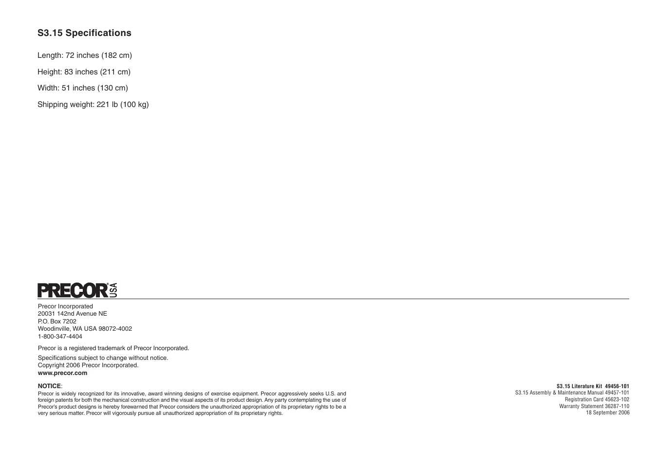 S3.15 specifications | Precor S3.15 User Manual | Page 36 / 36