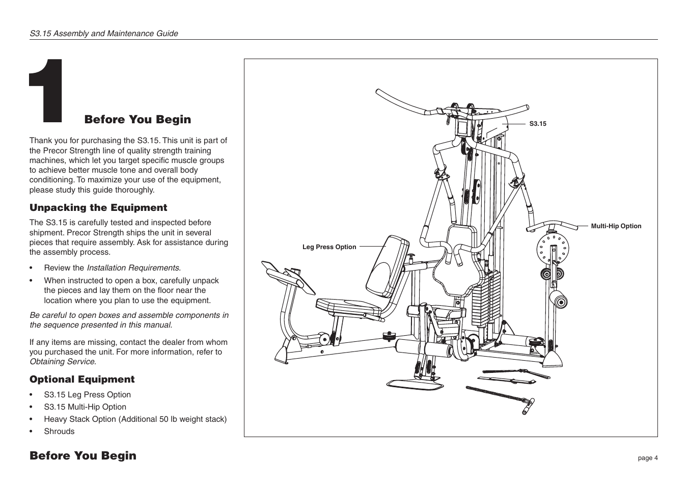 Before you begin | Precor S3.15 User Manual | Page 4 / 36