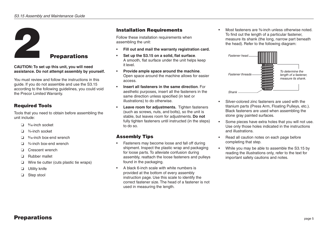 Preparations, Required tools, Installation requirements | Assembly tips | Precor S3.15 User Manual | Page 5 / 36