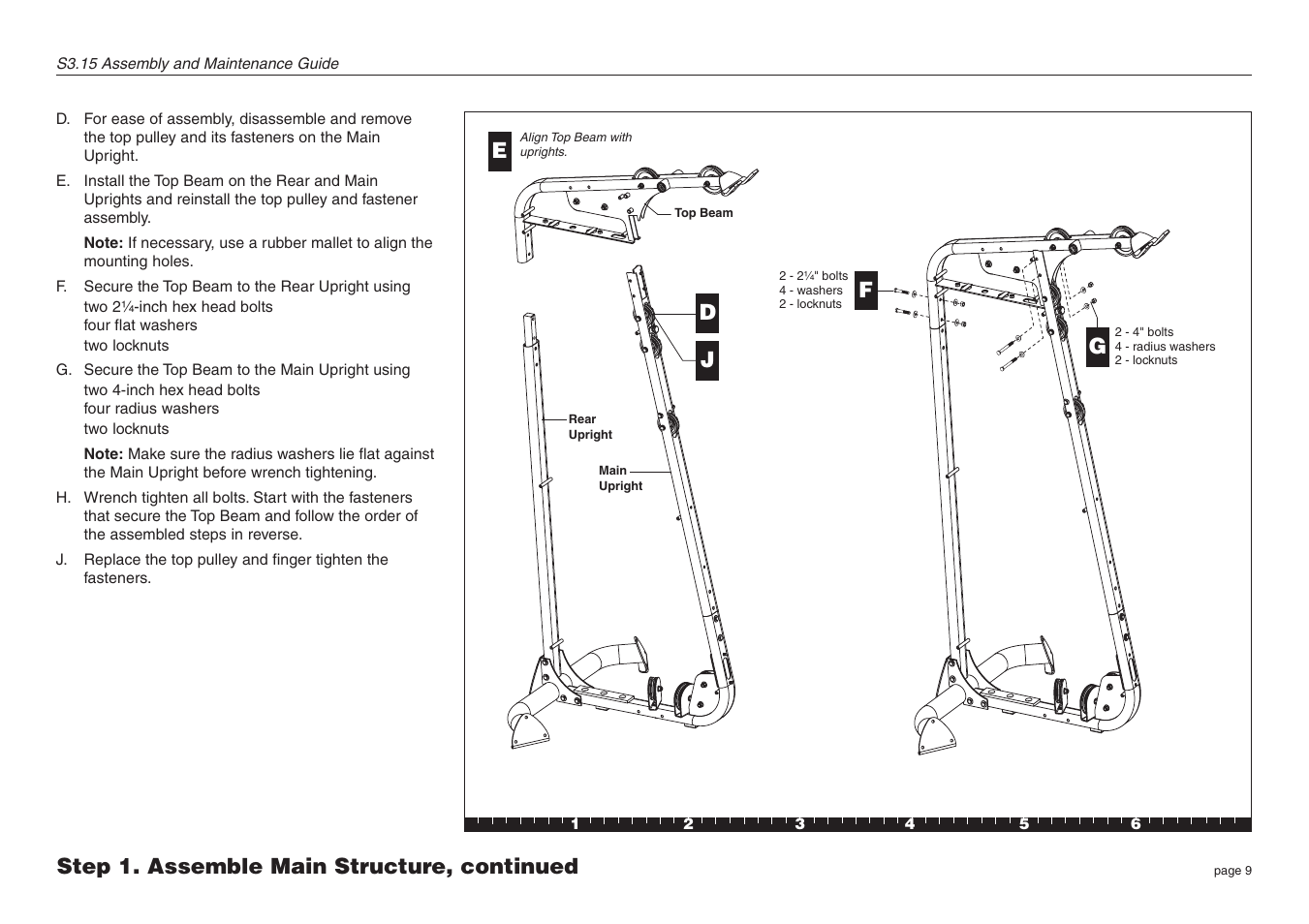 Step 1. assemble main structure, continued e f | Precor S3.15 User Manual | Page 9 / 36