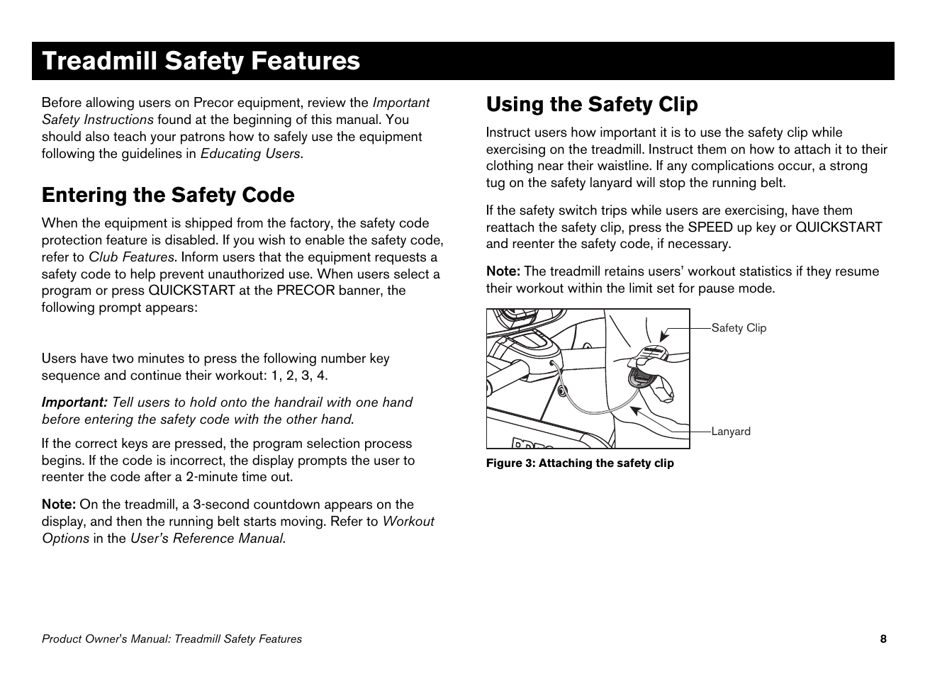 Treadmill safety features, Entering the safety code, Using the safety clip | Precor 776i User Manual | Page 10 / 112