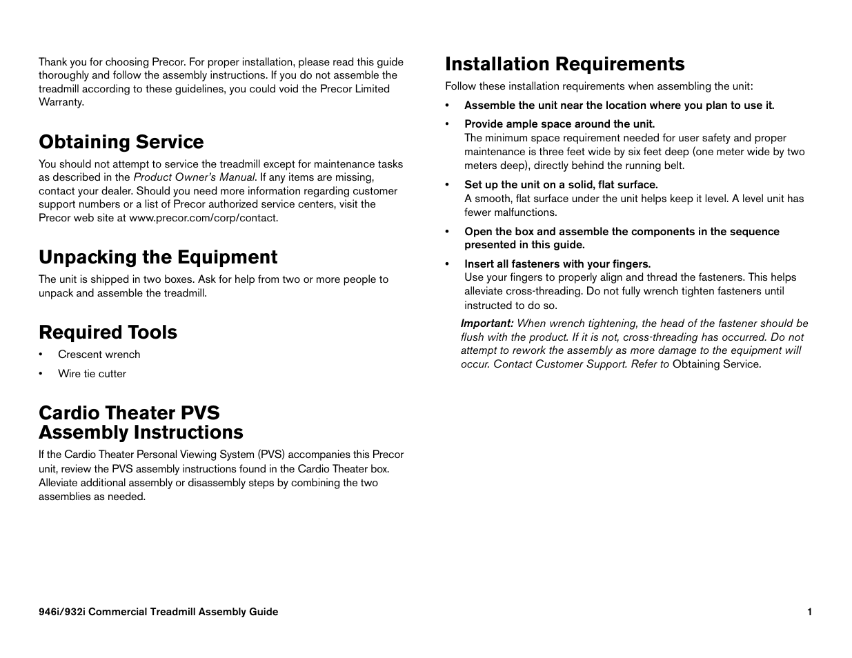 Obtaining service, Unpacking the equipment, Required tools | Cardio theater pvsassembly instructions, Installation requirements, Cardio theater pvs assembly instructions | Precor 776i User Manual | Page 103 / 112