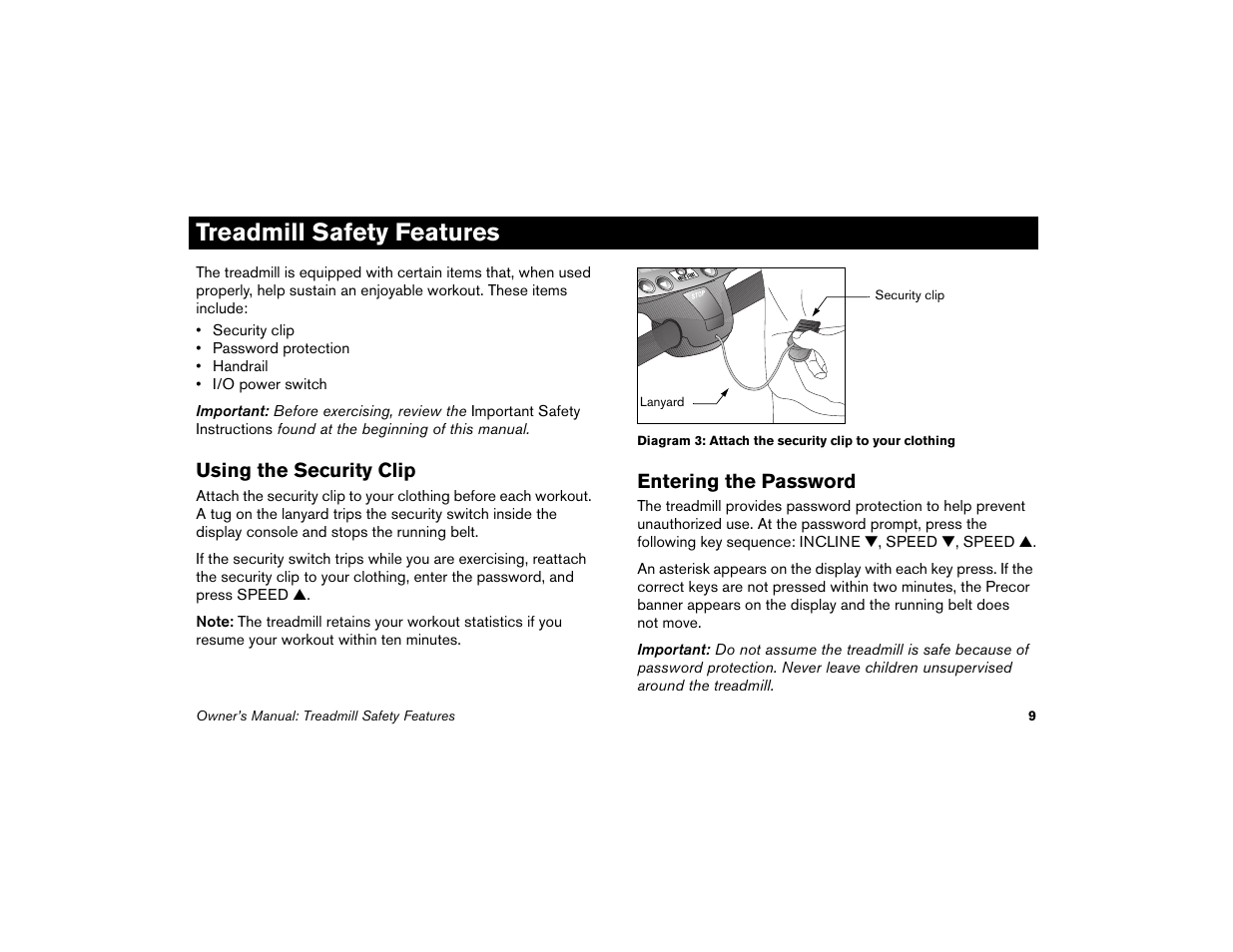 Treadmill safety features, Using the security clip, Entering the password | Using the security clip entering the password | Precor Low Impact M9.33 User Manual | Page 11 / 66