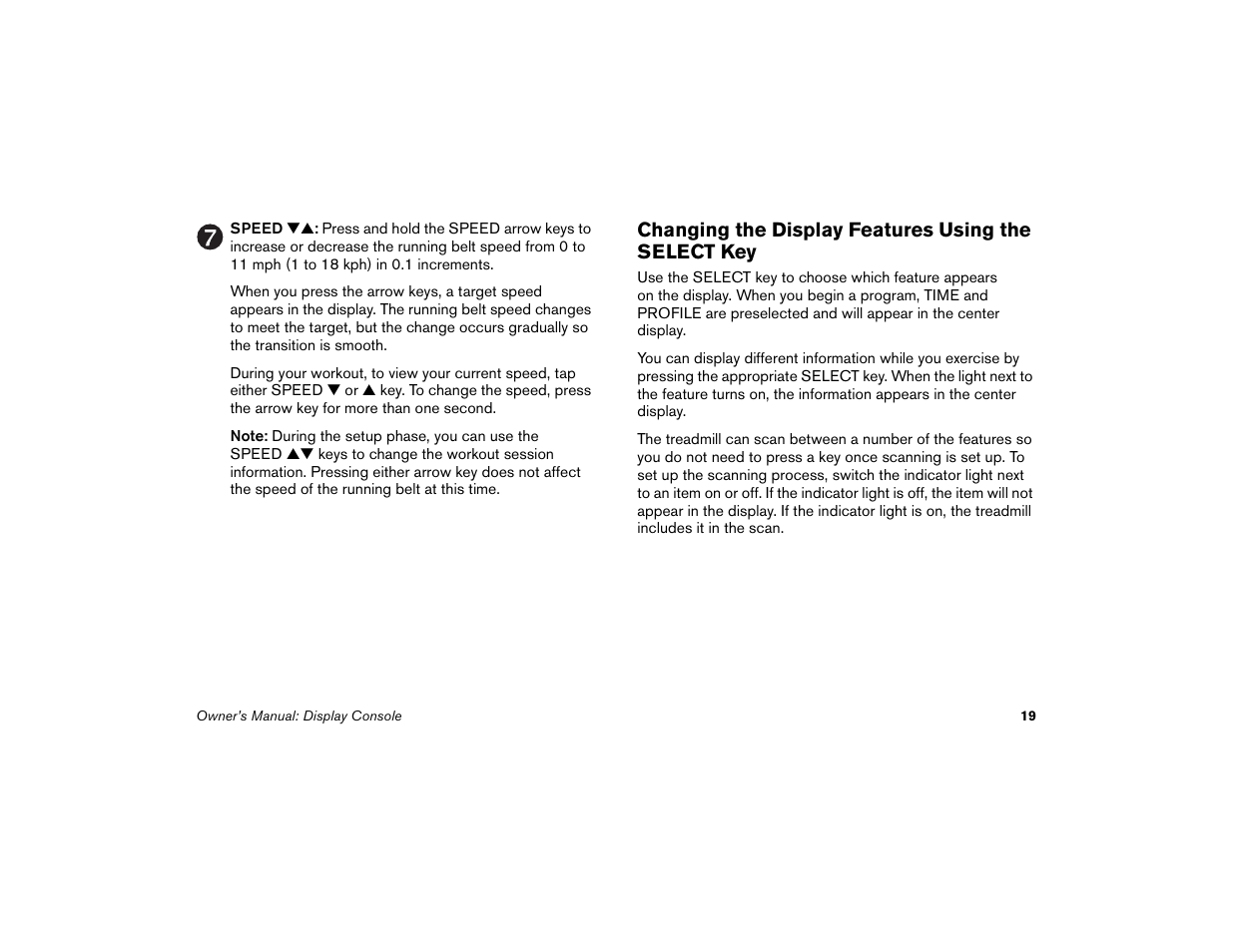 Changing the display features using the select key | Precor Low Impact M9.33 User Manual | Page 21 / 66