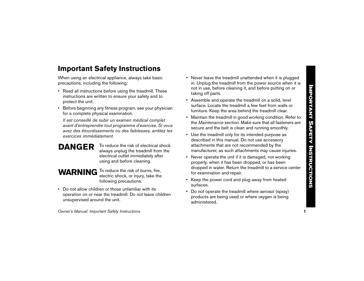 Important safety instructions, Danger warning | Precor Low Impact M9.33 User Manual | Page 3 / 66