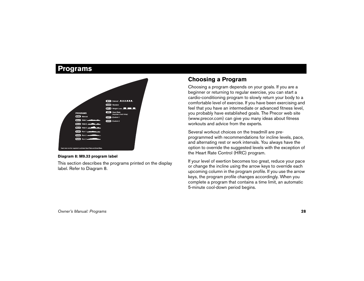 Programs, Choosing a program | Precor Low Impact M9.33 User Manual | Page 30 / 66