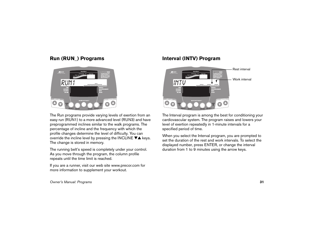 Run (run_) programs, Interval (intv) program, Run (run_) programs interval (intv) program | Run1 intv | Precor Low Impact M9.33 User Manual | Page 33 / 66